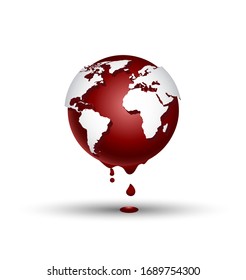 Ilustración vectorial mundo globo azul con continentes verdes cayendo sangre