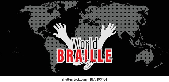 Ilustración vectorial del Día Mundial de la Braille (4 de enero) con un mapa mundial en patrón punteado