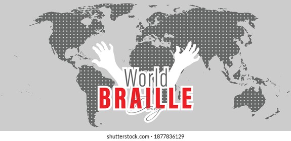 Ilustración vectorial del Día Mundial de la Braille (4 de enero) con un mapa mundial en patrón punteado