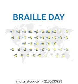 Vector illustration world Braille day, abc with letters, punctuation and numbers. Realistic Dots. Abc for vision disable blind people. Braille letter as dot.