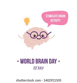 Vector illustration for world brain day with cute cartoon style brain character, giving advice to stimulate brain activity.