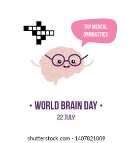 Vector illustration for world brain day with cute cartoon style brain character, giving advice to try mental gymnastics.