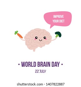 Vector illustration for world brain day with cute cartoon style brain character, giving advice improve diet, eat healthy.