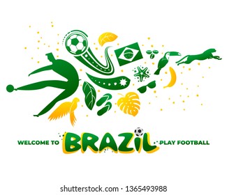 Ilustración vectorial con letra Brasil 2019. Patrón del mundo de Brasil con elementos modernos y tradicionales. Tendencia de 2019. Copa América 2019 en Brasil.