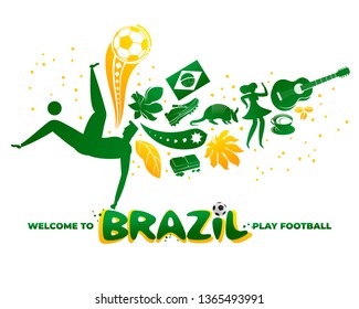 Vector illustration. World of Brasil pattern with modern and traditional elements. 2019 trend. Championship Conmeball Copa America. Soccer World Cup. Qatar 2022. 