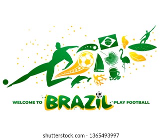 Vector illustration. World of Brasil pattern with modern and traditional elements. 2019 trend. Championship Conmeball Copa America. Soccer World Cup. Qatar 2022. 