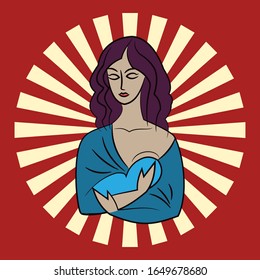 Vector illustration for World Breastfeeding Week. Young nursing mother in the rays of light with a blue sling scarf on a red background.