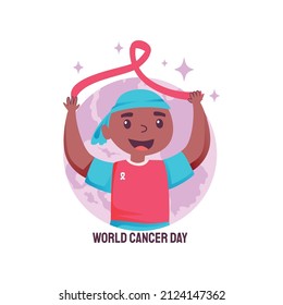 Vector illustration world cancer day health workers holding ribbon  background.