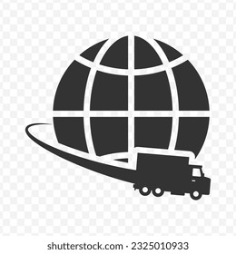 Vector illustration of world cargo truck icon in dark color and transparent background(PNG).