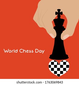 Vector illustration world chess day minimal flat design concept with hand moving pawn and heart with chessboard pattern isolated on orange background