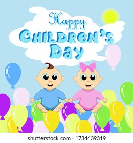 Vector illustration for World Children's day. Babies boy and girl