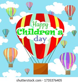 Ilustración vectorial del Día Mundial de la Infancia. Globos de aire en el cielo azul. Título de la postal o del cartel