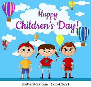 Ilustración vectorial del Día Mundial de la Infancia. Globos aéreos en el cielo negro. Los niños están celebrando
