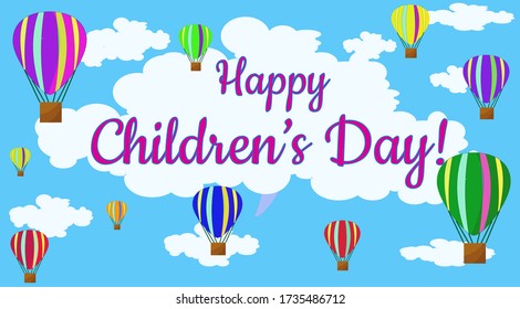 Vector illustration to World Children's day. Air balloons in the blu sky. 
