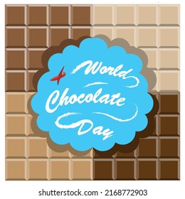Ilustración vectorial del Día Mundial del Chocolate. Un avión rojo dibuja la inscripción Día Mundial del Chocolate en el cielo al fondo de las barras de chocolate