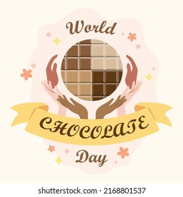 Vector illustration for the World Chocolate Day. The hands of people of different nationalities hold the globe of chocolate