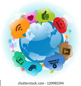 Vector Illustration of the world with cloud thought bubbles around it. no transparencies