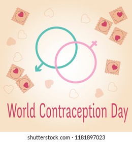 Vector illustration of World contraception day. Red women and green man symbols, heart symbols of love, condoms.