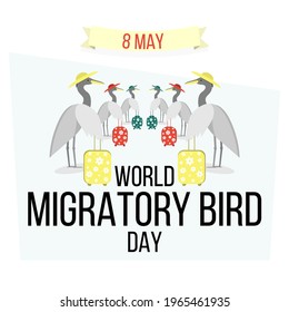 Vector illustration for the World Day of Migratory Birds. Migratory herons with suitcases before the flight. The postcard is isolated on a white background.