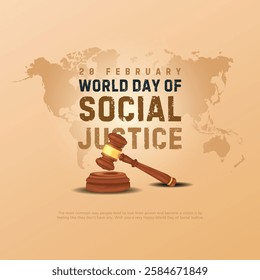 Vector Illustration of World Day of Social Justice, 20 February. Wooden gavel icon with background of world map.