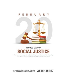 Vector Illustration of World Day of Social Justice, 20 February. Wooden gavel icon with background of world map.