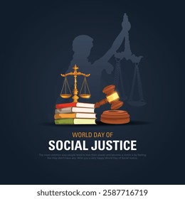 Vector Illustration of World Day of Social Justice, 20 February. Wooden gavel, justice scale and law book on dark background.