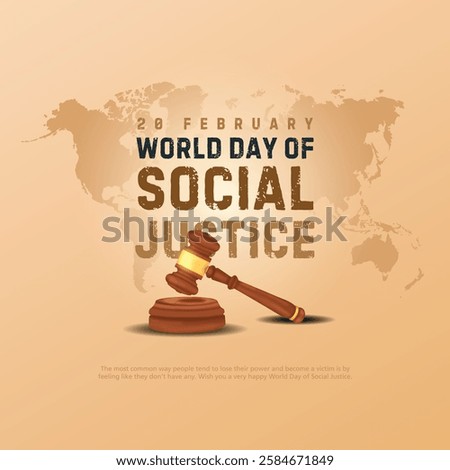 Vector Illustration of World Day of Social Justice, 20 February. Wooden gavel icon with background of world map.