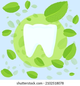 Vector illustration of world dentist day. Healthy white tooth on a blue background with mint leaves. To design an advertising poster in a dental center