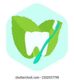 Ilustración vectorial del día del dentista mundial. Diente blanco saludable con cepillo de dientes y pasta dental de hojas de menta. Diseñar un cartel publicitario en un centro dental