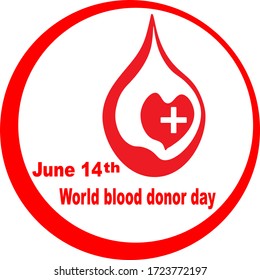 Imagen vectorial del Día Mundial de los Donantes.
Una gota de sangre roja con una cruz blanca en el centro sobre un fondo blanco redondo. La inscripción Día Mundial del Donante, 14 de junio.