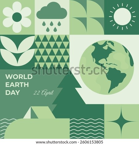 Vector illustration for World Earth Day with eco icons like globe, leaf, cloud, tent, and water, promoting sustainability, camping, and environmental awareness.