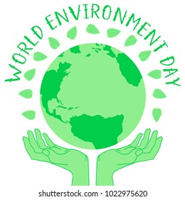 Vector illustration for world environment day. World symbol with holding hands. Ecology friendly concept.