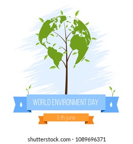 Vector illustration World Environment Day, world map and petals of a plant.