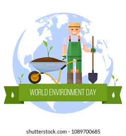 Vector illustration World Environment Day, world map and petals of a plant, farmer with a wheelbarrow.