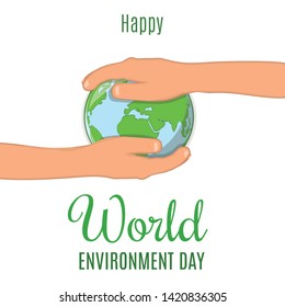 Vector illustration of World Environment Day. Abstract composition of two hands holding 3d globe from top and bottom to emphasize the role of working together towards protecting the environment.