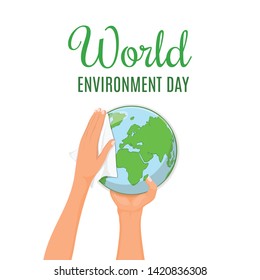 Vector illustration of World Environment Day. Abstract composition of a 3d globe being cleaned by hand with a napkin as a symbol of preserving and protecting the environment of planet Earth.