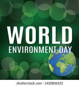 Vector illustration of World Environment Day. Abstract composition of a 3d planet earth globe and bright lights on top of dark green background.