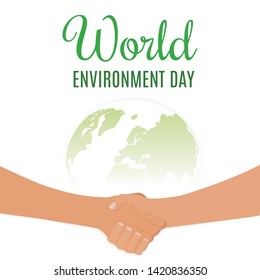 Vector illustration of World Environment Day. Abstract composition of a handshake on top of 3d earth globe emphasizing the role of working together towards preserving and protecting the environment. 