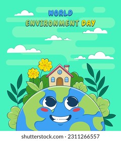 Ilustración vectorial del Día Mundial del Medio Ambiente con estilo de diseño de dibujos animados. Adecuado para carteles, afiches, plantillas y otros.
