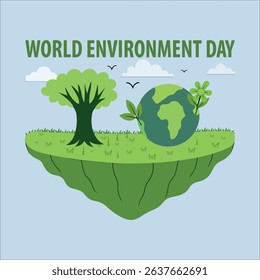 Vector illustration for World Environment Day – Green Earth with a tree and natural elements in an eco-friendly design
