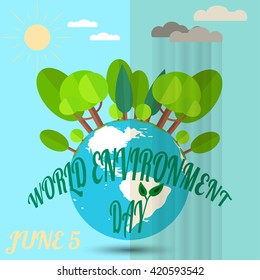 Vector illustration of World Environment Day with a globe, sun, forest, rain, clouds, bush. Vector picture of World Environment Day.