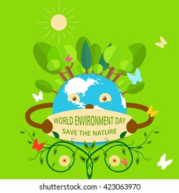 Vector illustration of World Environment Day with a globe, forest, sun, bush on a green background. Vector ecological picture of World Environment Day, Save the Nature.