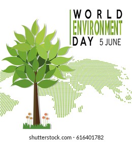 vector illustration of a world environment day with map and three over white backdrop