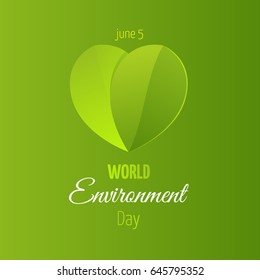 Vector illustration of a World Environment Day. june 5 logo, poster or banner. Eco friendly symbol with leaves in heart shape