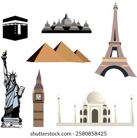 Vector illustration of world famous building icons, statue of liberty, big ben, giza pyramids, kaaba, taj mahal, eiffel tower, world icons