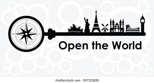vector illustration with world famous landmarks silhouettes on the key with compass for travel concepts in black and white colors