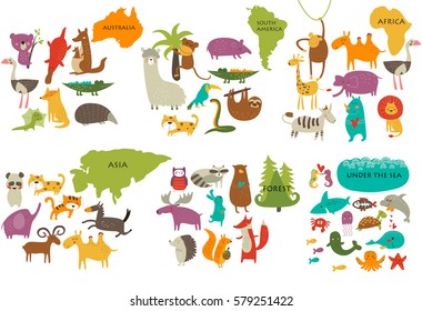 Vector illustration of the world fauna with cute animals in cartoon style