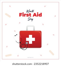 Vector illustration for World First Aid Day with kit and medicines