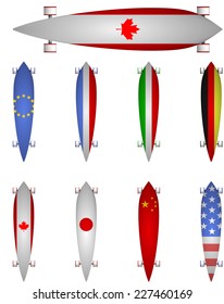 Vector illustration of world flags longboards. Leaf form longboards vector collection. Flags of the world decor. Set of isolated illustrations on white background.