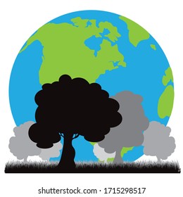 Imagen vectorial del mundo con bosque sobre fondo blanco. Símbolo de planeta verde.